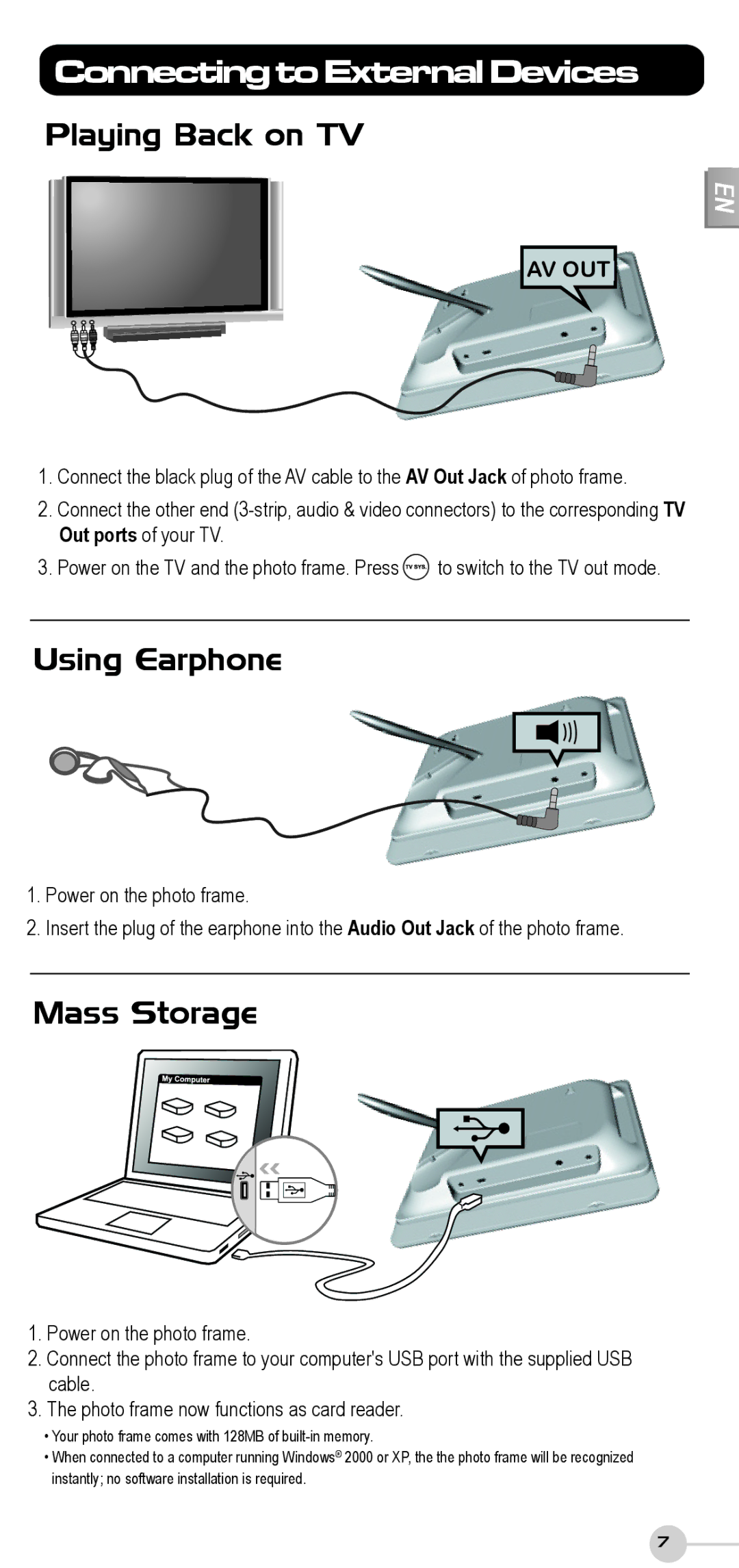 ViewSonic DF87G manual Connecting to External Devices, Playing Back on TV, Using Earphone, Mass Storage 