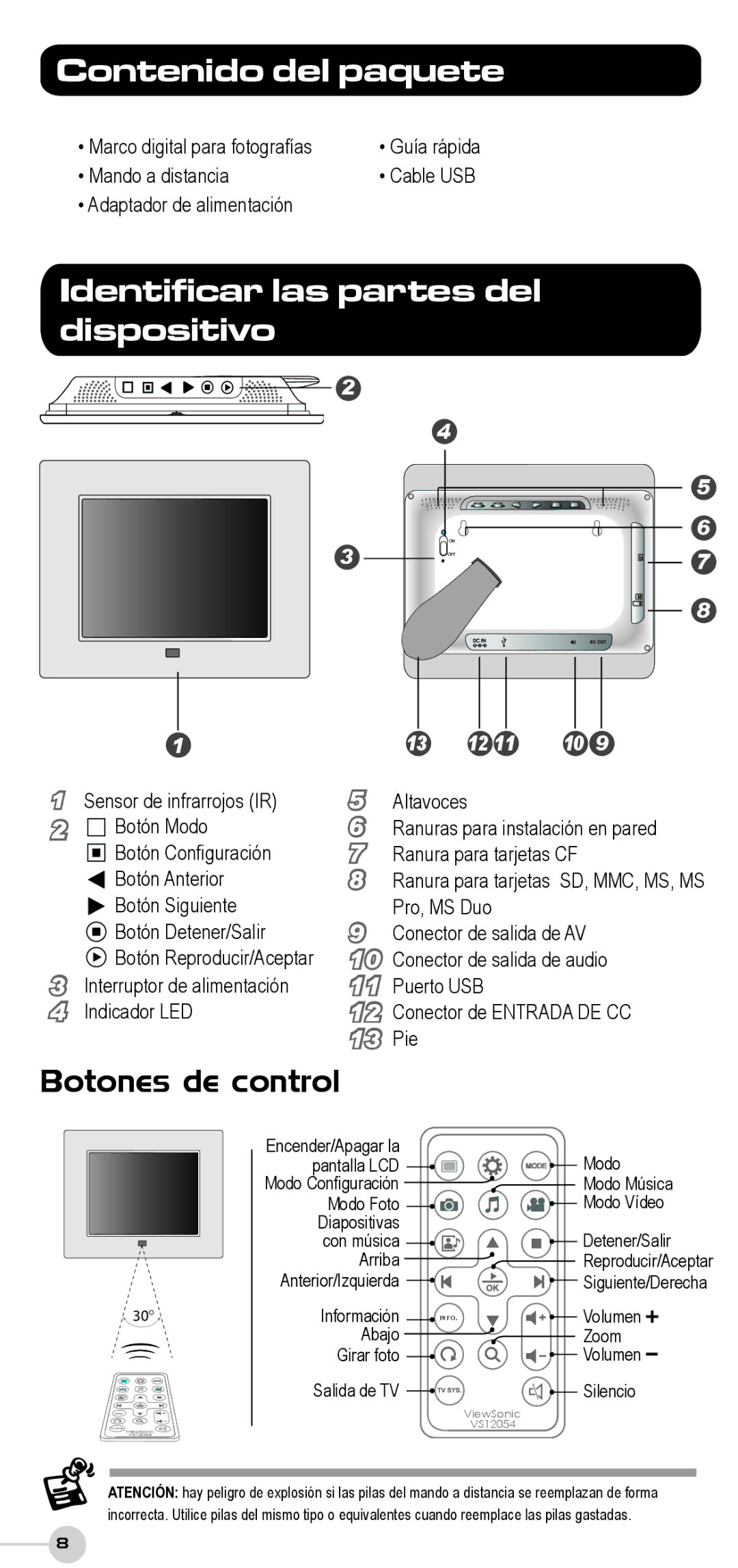 ViewSonic DF87G manual Contenido del paquete, Identificar las partes del dispositivo, Botones de control 