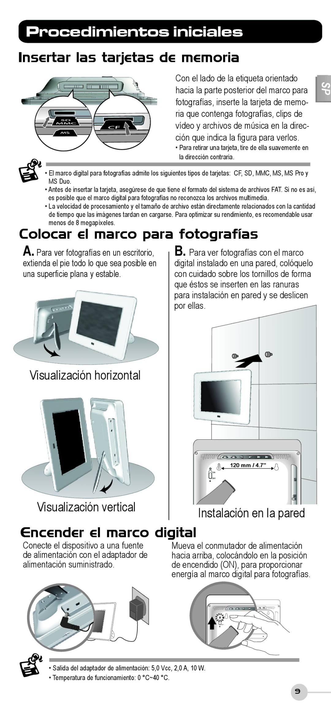 ViewSonic DF87G manual Procedimientos iniciales, Insertar las tarjetas de memoria, Colocar el marco para fotografías 