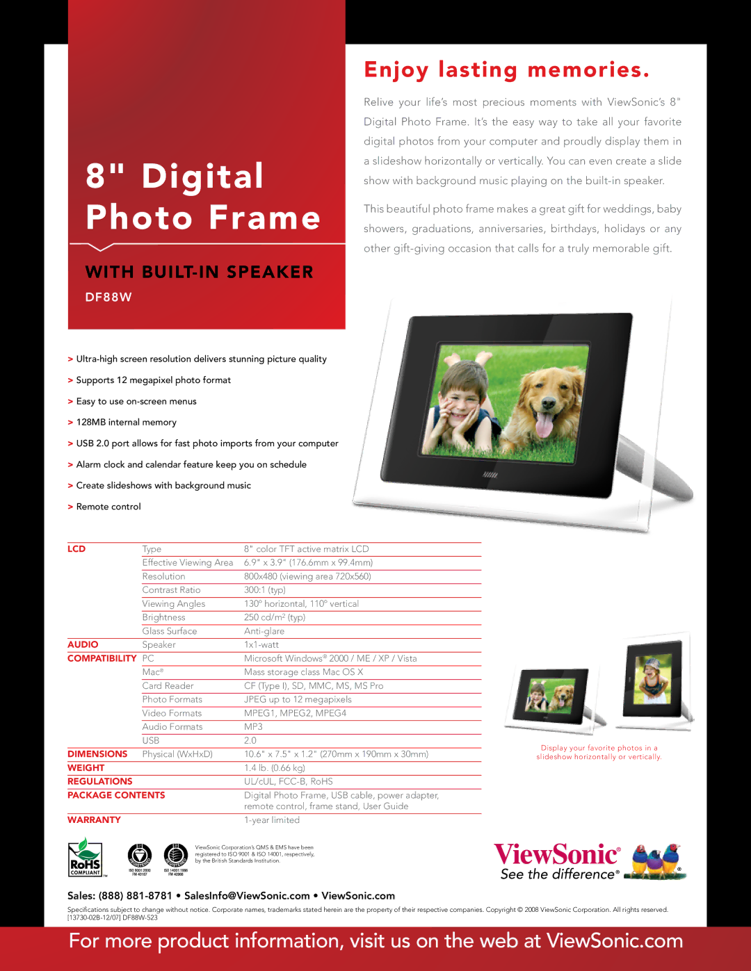 ViewSonic DF88W-523 specifications Digital Photo Frame, Enjoy lasting memories, With BUILT-IN Speaker 