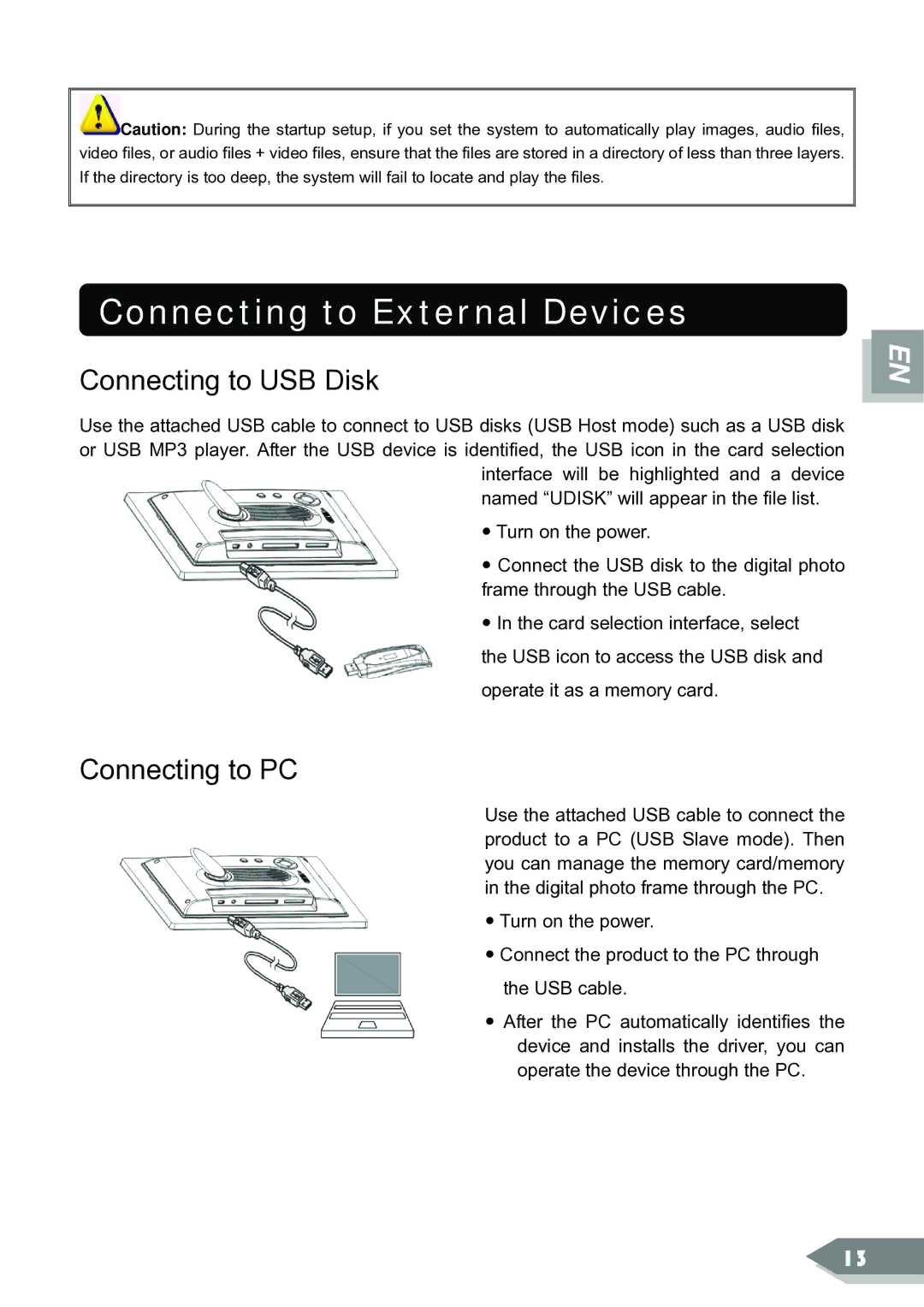 ViewSonic DF88W manual Connecting to External Devices, Connecting to USB Disk, Connecting to PC 