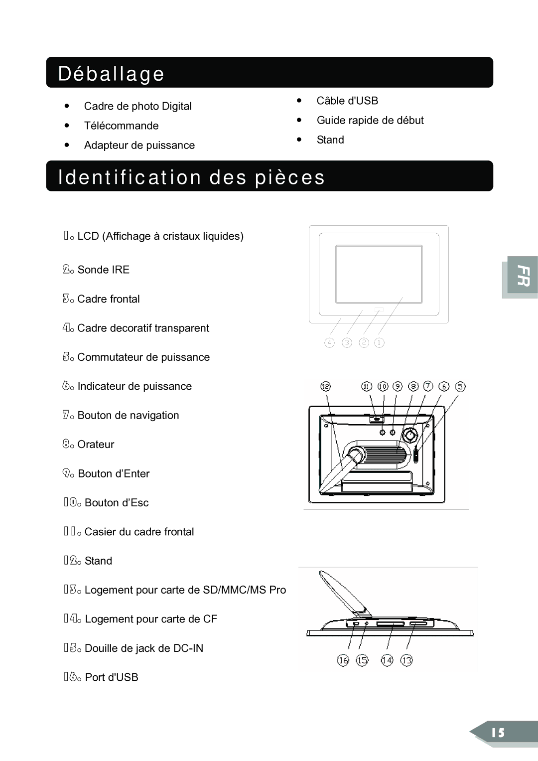 ViewSonic DF88W manual Déballage, Identification des pièces 