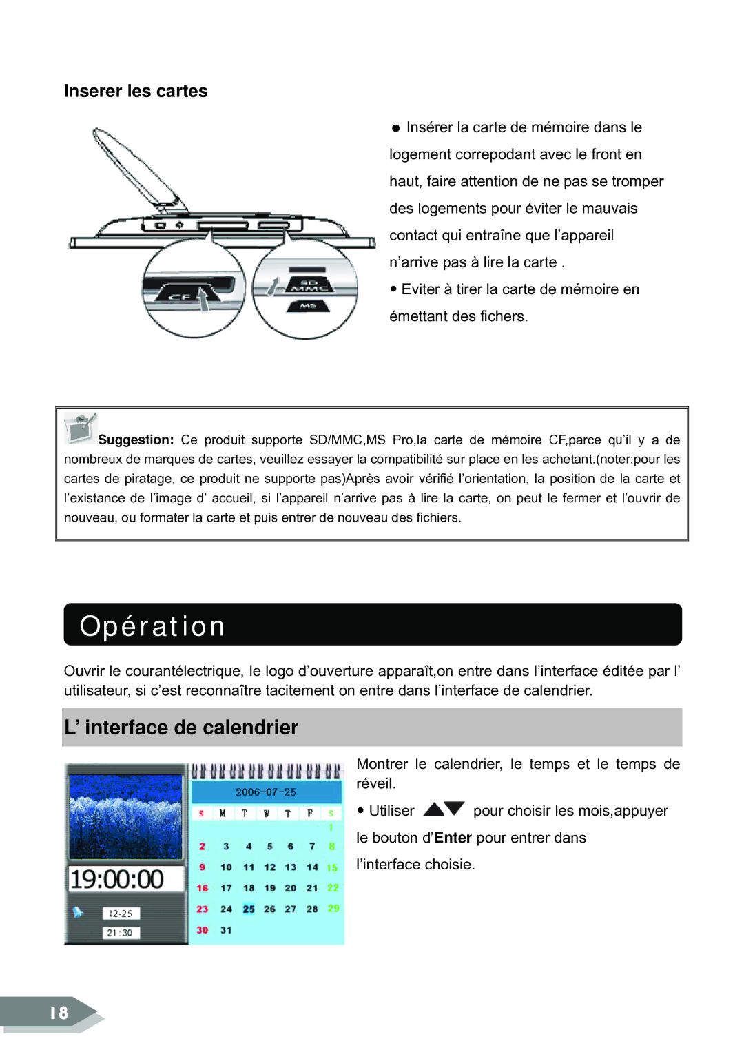 ViewSonic DF88W manual Opération, ’ interface de calendrier, Inserer les cartes 