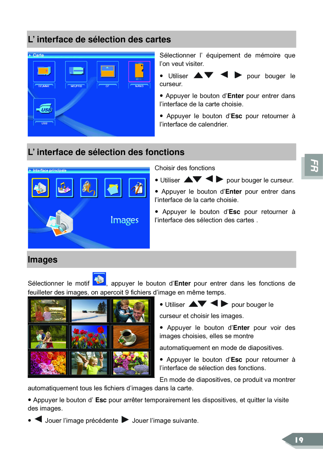 ViewSonic DF88W manual ’ interface de sélection des cartes, ’ interface de sélection des fonctions, Images 