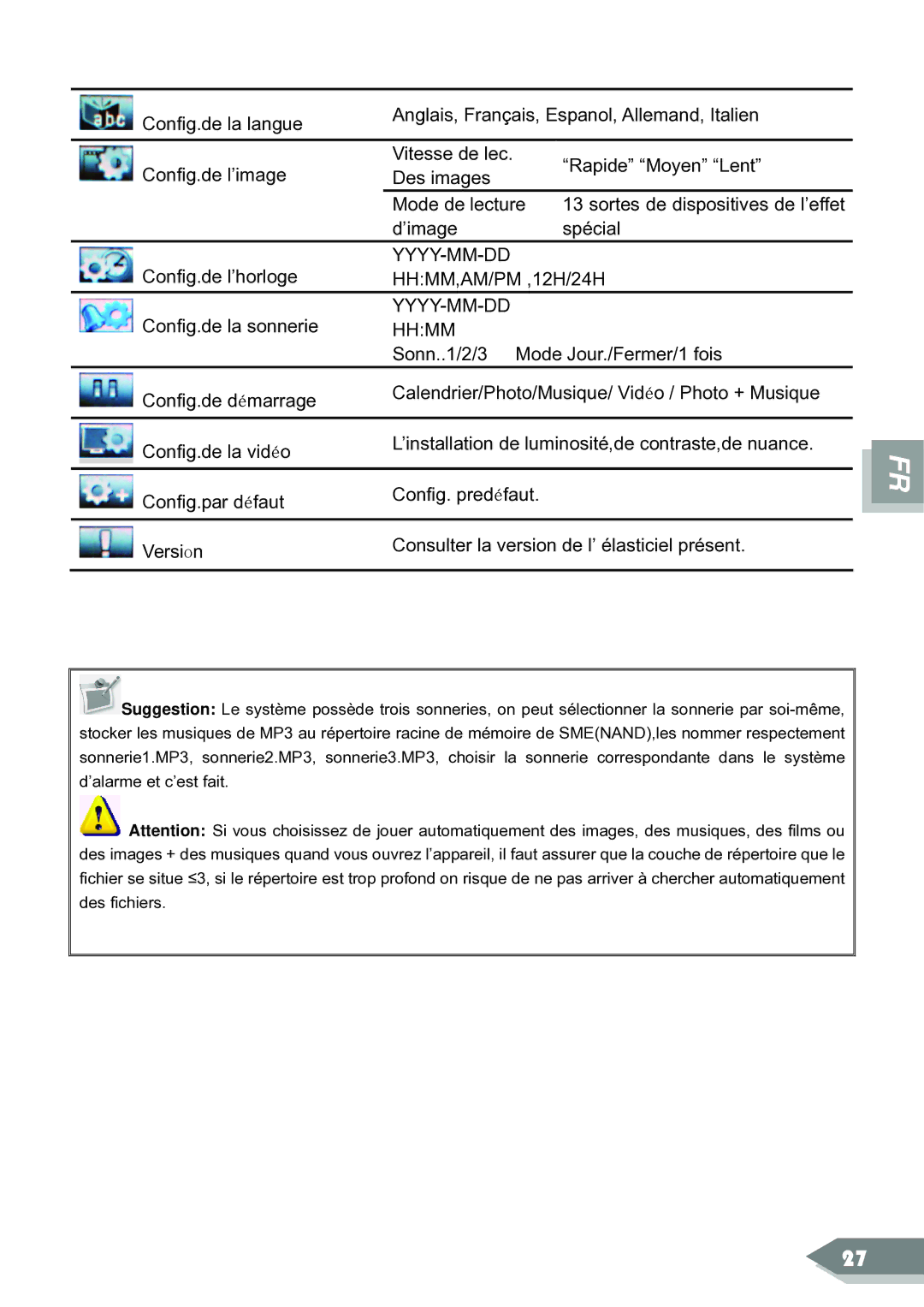 ViewSonic DF88W manual Config.de la sonnerie 