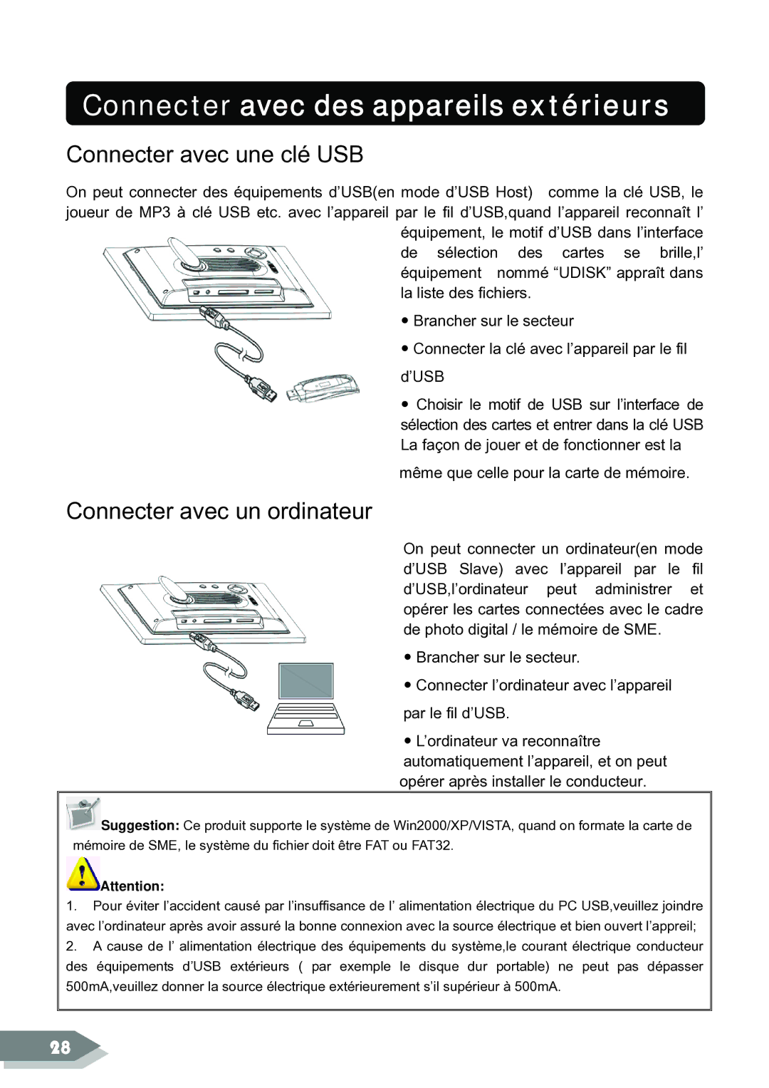 ViewSonic DF88W manual Connecter avec des appareils extérieurs, Connecter avec une clé USB, Connecter avec un ordinateur 