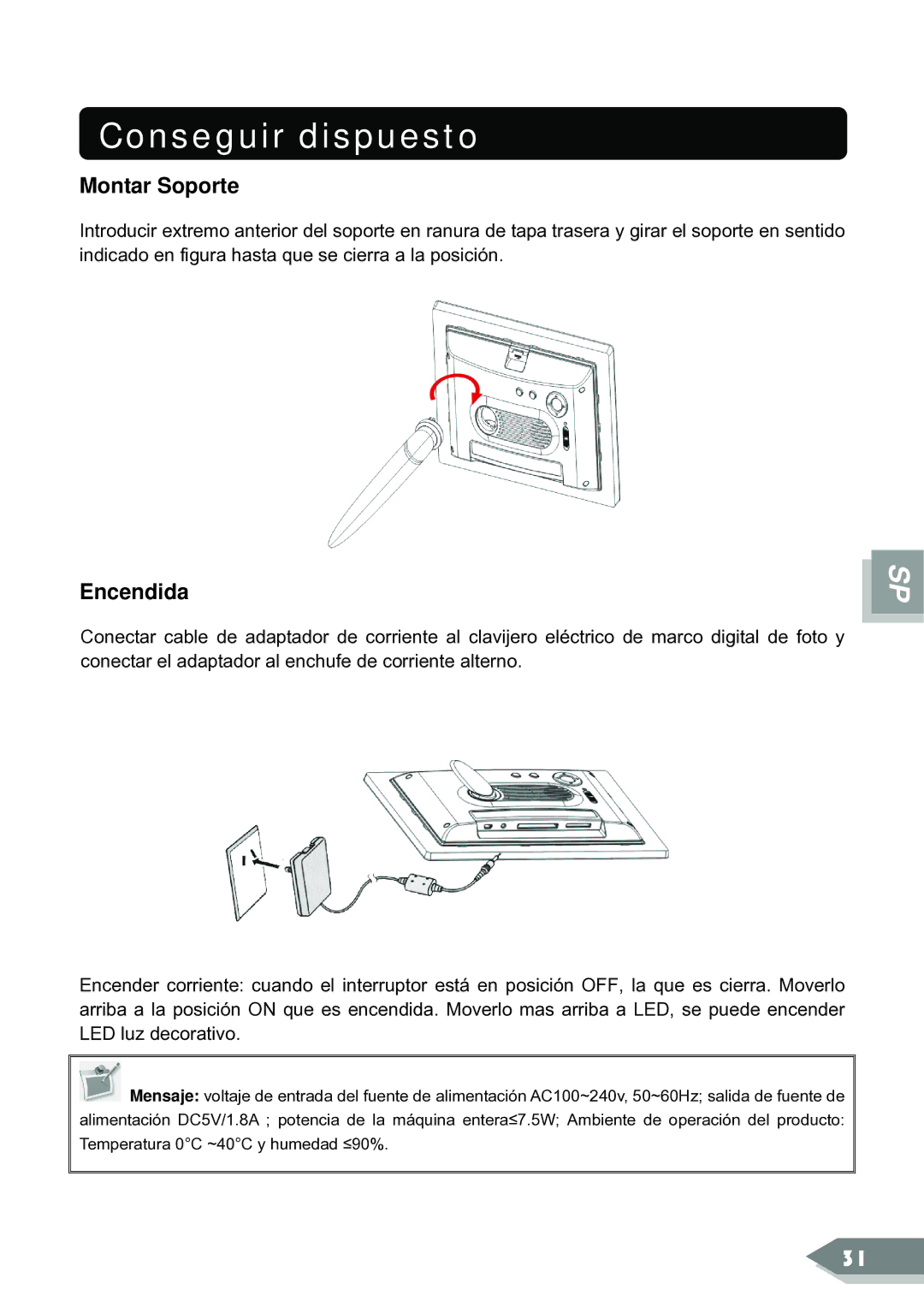 ViewSonic DF88W manual Conseguir dispuesto, Montar Soporte, Encendida 