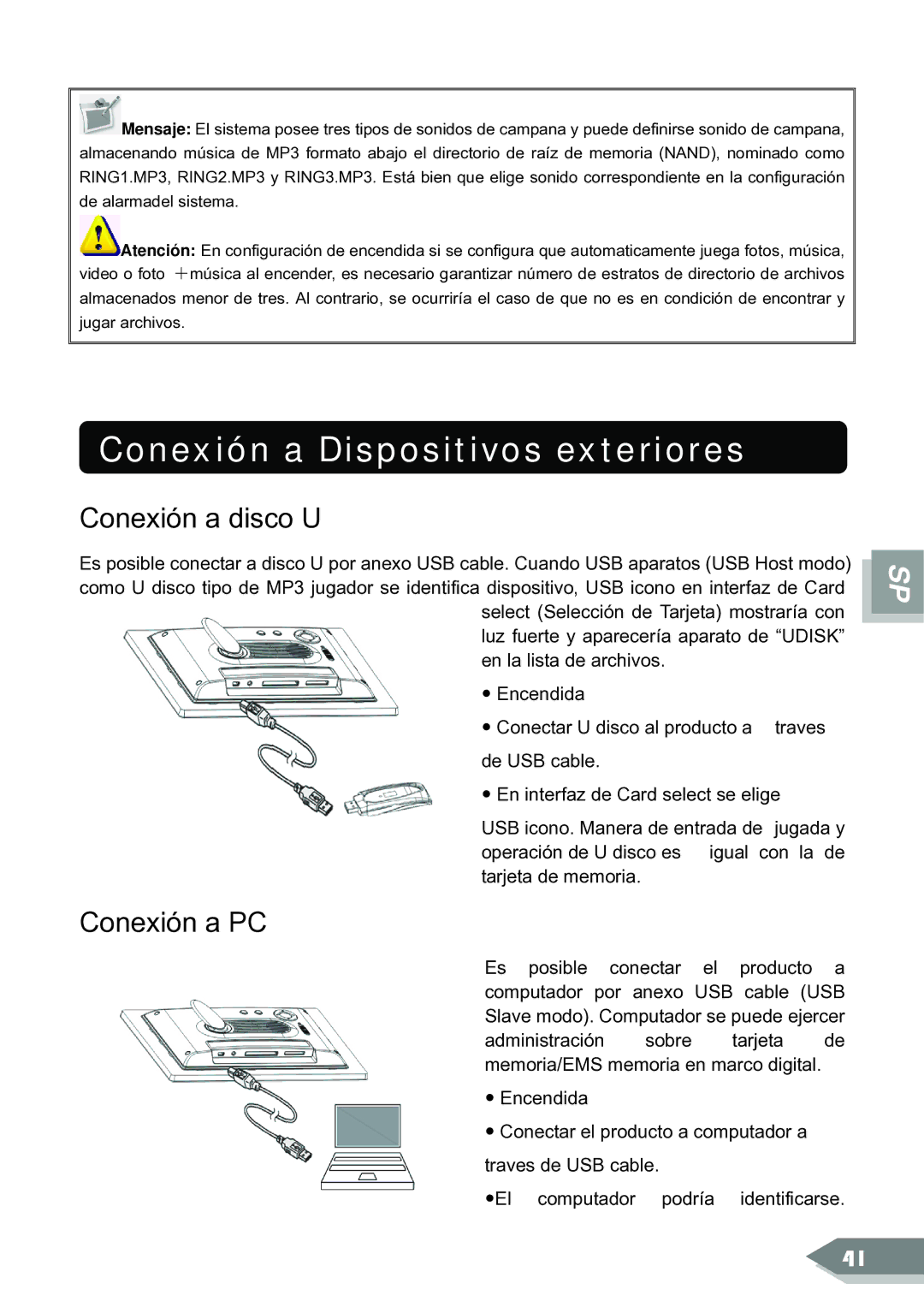 ViewSonic DF88W manual Conexión a Dispositivos exteriores, Conexión a disco U, Conexión a PC 