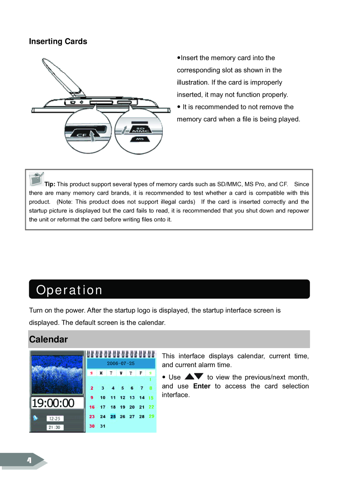 ViewSonic DF88W manual Operation, Calendar, Inserting Cards 