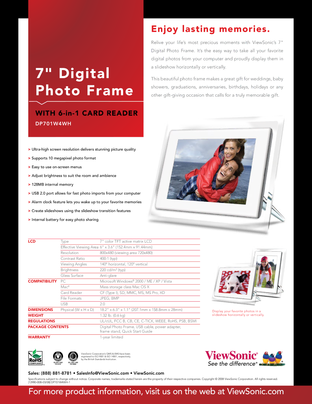 ViewSonic DP701W4WH specifications Digital Photo Frame, Enjoy lasting memories 