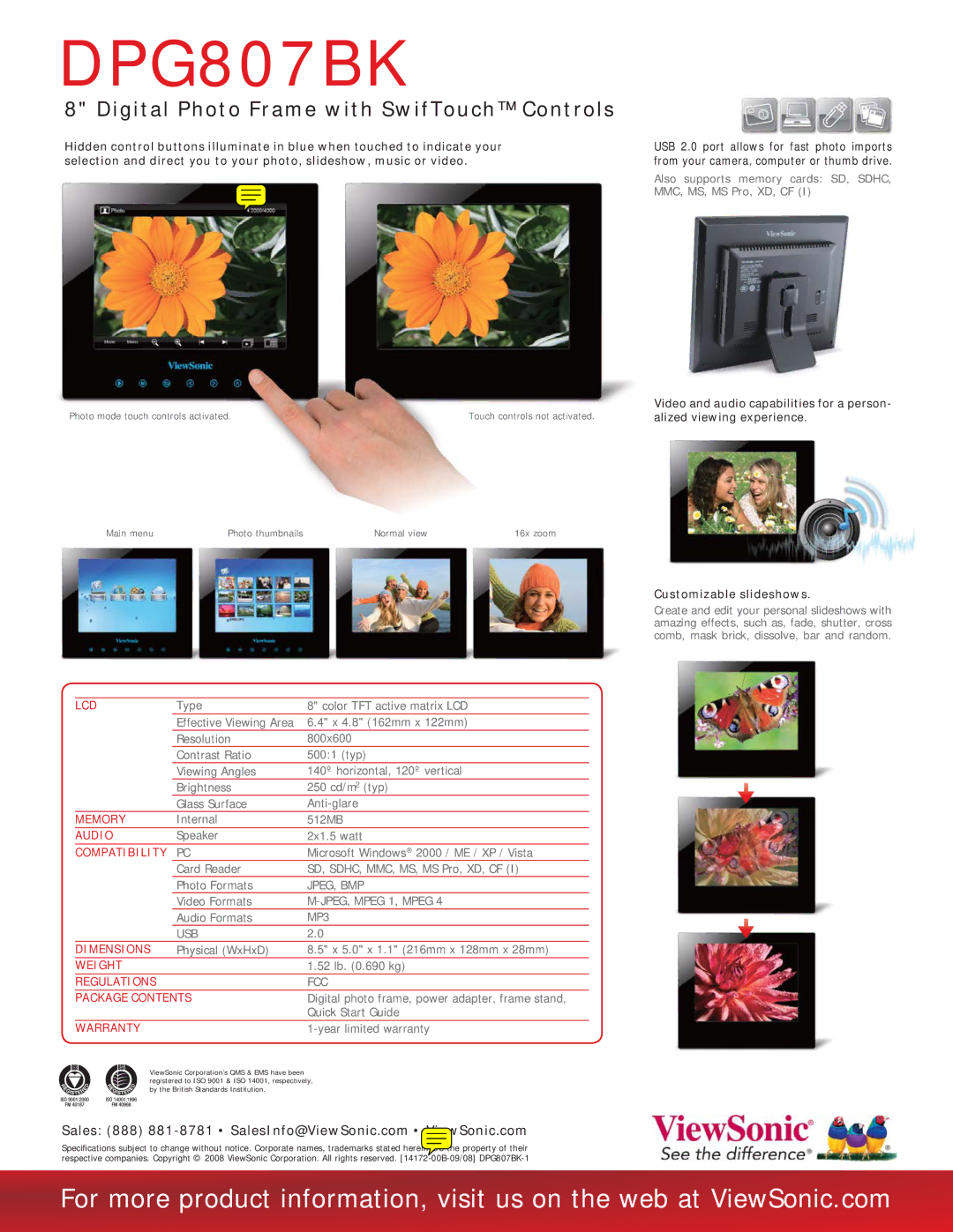 ViewSonic DPG807BK manual Digital Photo Frame with SwifTouch Controls 