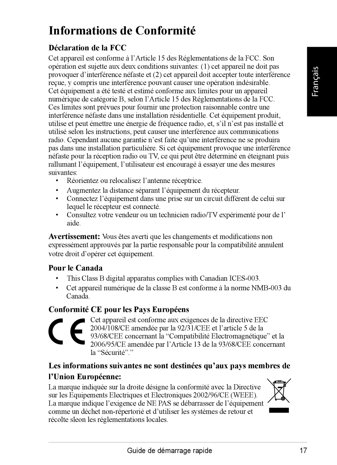 ViewSonic VS12074 Informations de Conformité, Déclaration de la FCC, Pour le Canada, Conformité CE pour les Pays Européens 