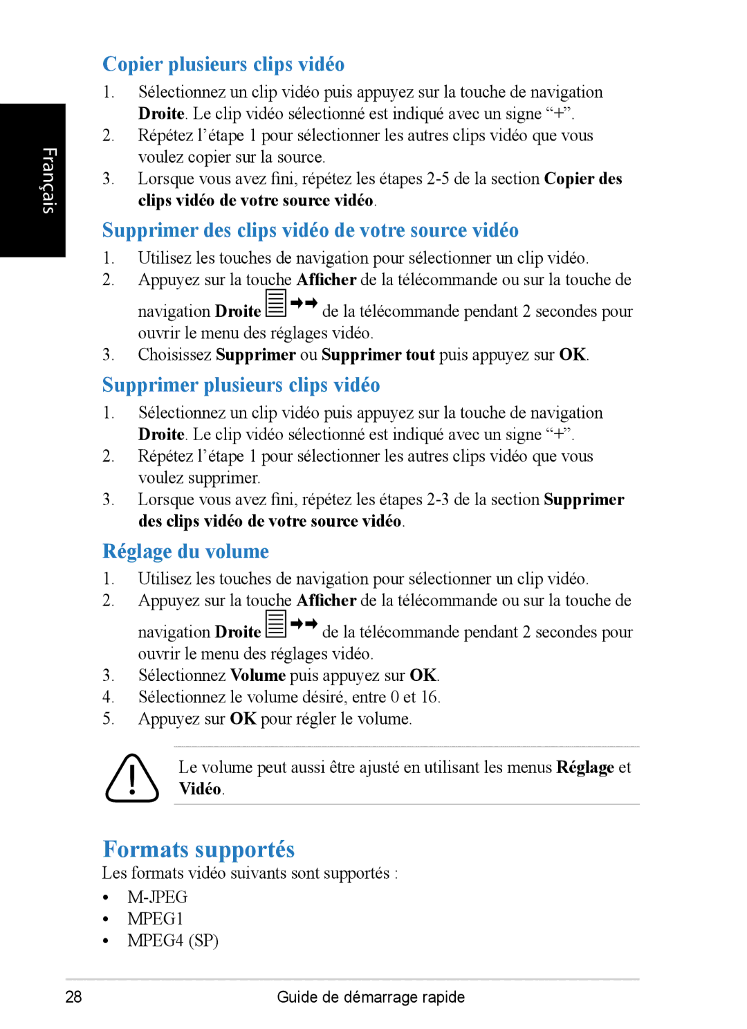 ViewSonic DPX1002 Formats supportés, Copier plusieurs clips vidéo, Supprimer des clips vidéo de votre source vidéo 