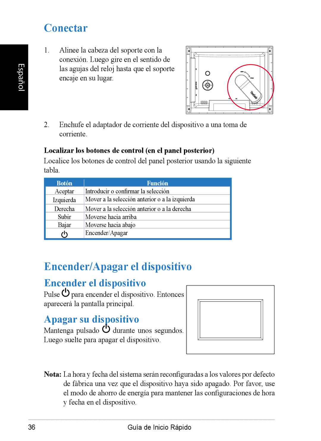 ViewSonic DPX1002, VS12074 Conectar, Encender/Apagar el dispositivo, Encender el dispositivo, Apagar su dispositivo 