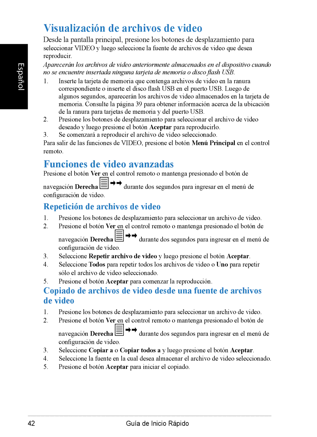 ViewSonic DPX1002 Visualización de archivos de video, Funciones de video avanzadas, Repetición de archivos de video 