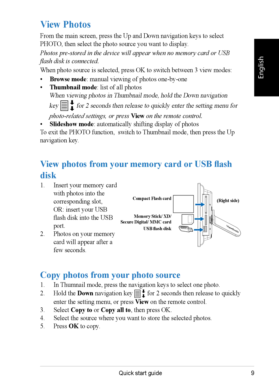 ViewSonic VS12074 View Photos, View photos from your memory card or USB flash disk, Copy photos from your photo source 