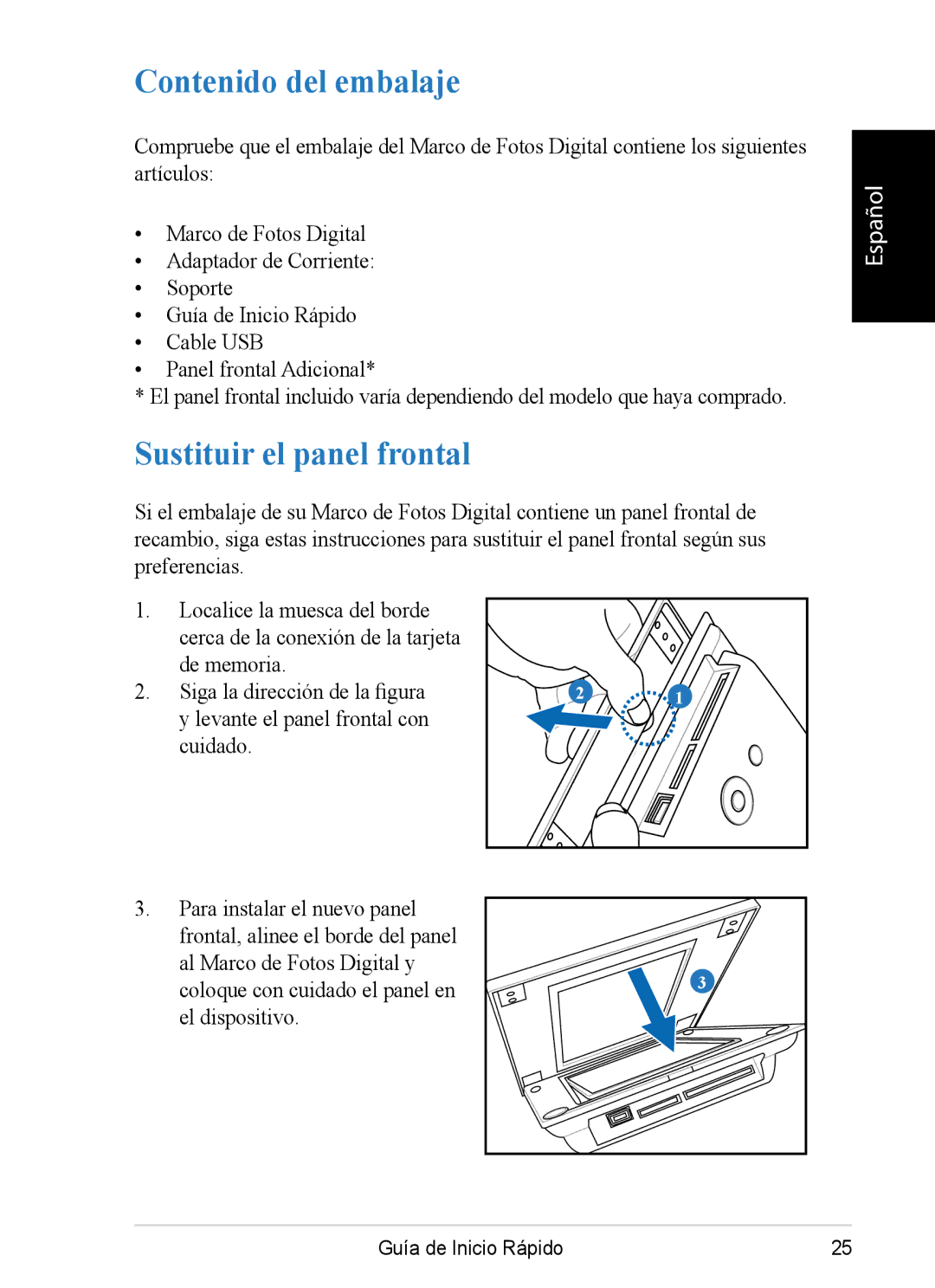 ViewSonic DPX702 quick start Contenido del embalaje, Sustituir el panel frontal 