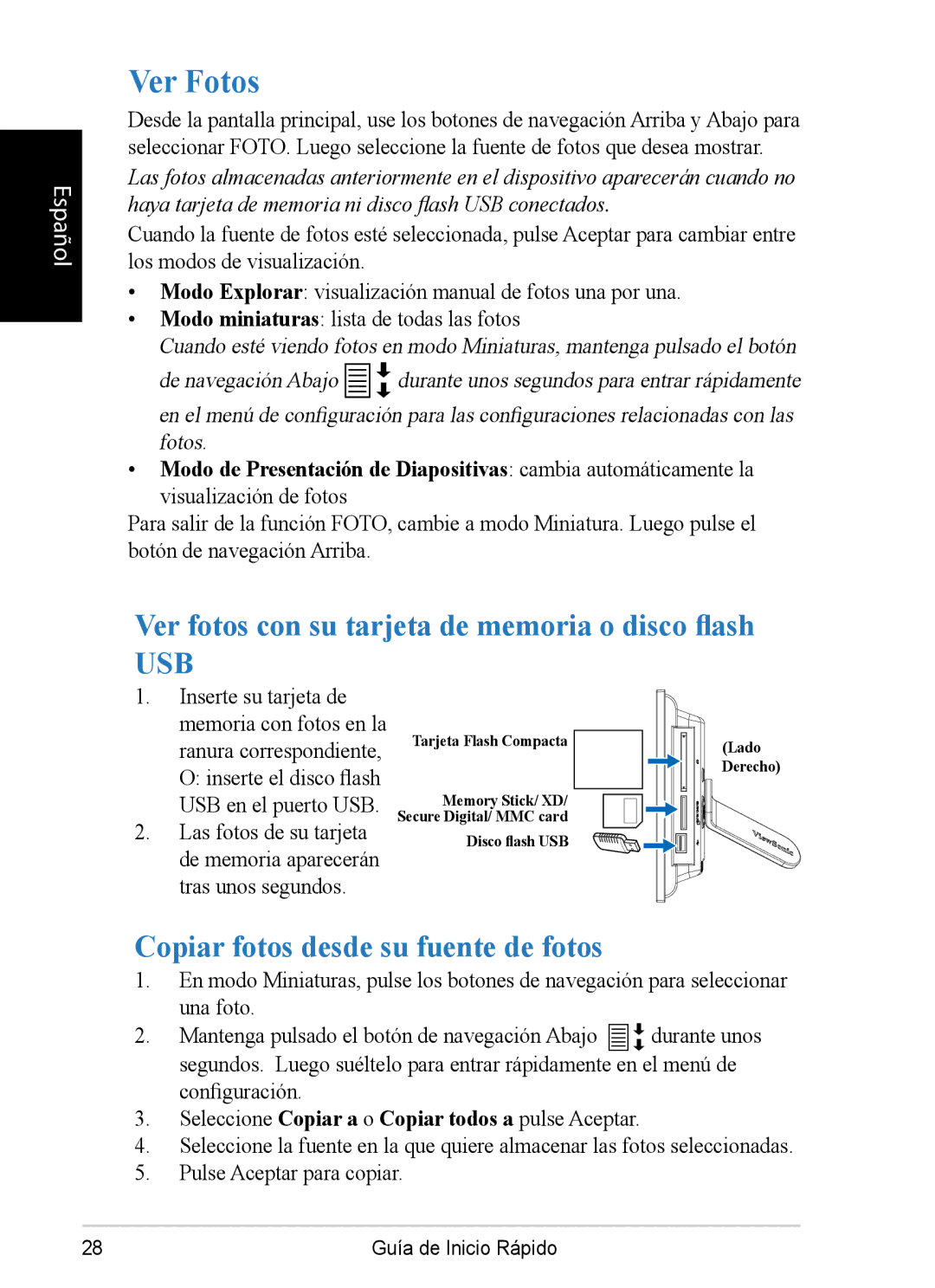 ViewSonic DPX702 Ver Fotos, Ver fotos con su tarjeta de memoria o disco flash, Copiar fotos desde su fuente de fotos 