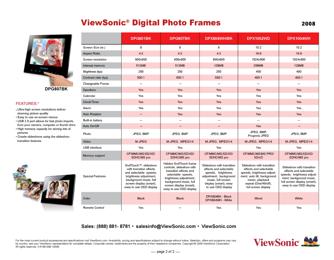 ViewSonic DPA709BK, DPX704BK, DPX704WH DPG801BK DPG807BK DPX804WH/BK DPX1002WD DPX1004WH, Jpeg, Bmp, Jpeg JPEG, MPEG1/4 