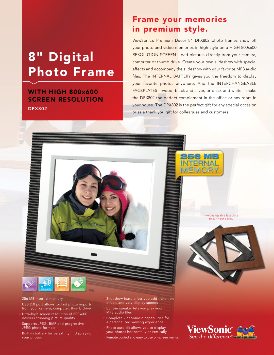 ViewSonic DPX802 manual Digital Photo Frame, Frame your memories in premium style 