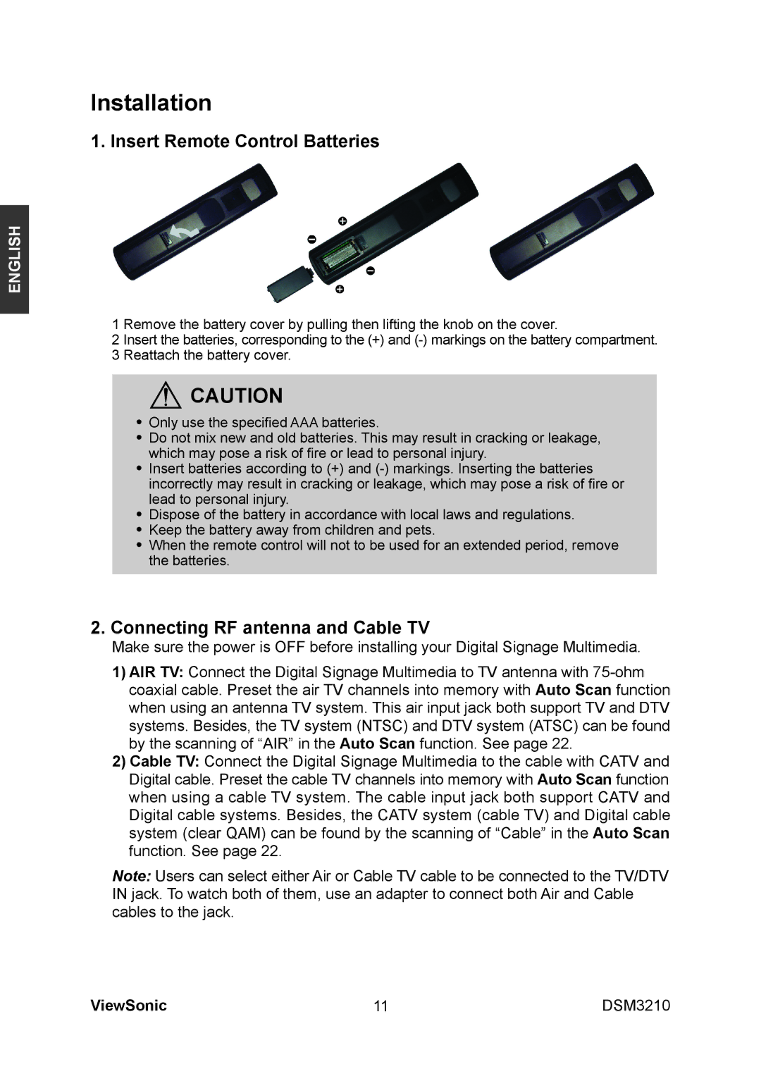ViewSonic DSM3210 manual Installation, Insert Remote Control Batteries 