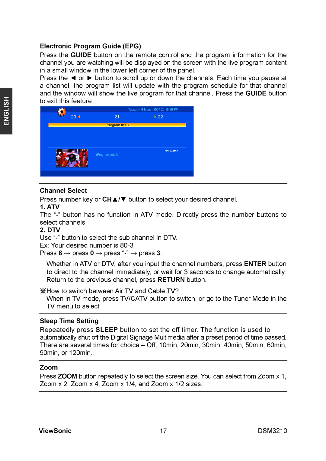 ViewSonic DSM3210 manual Electronic Program Guide EPG, Channel Select, Atv, Dtv, Sleep Time Setting, Zoom 