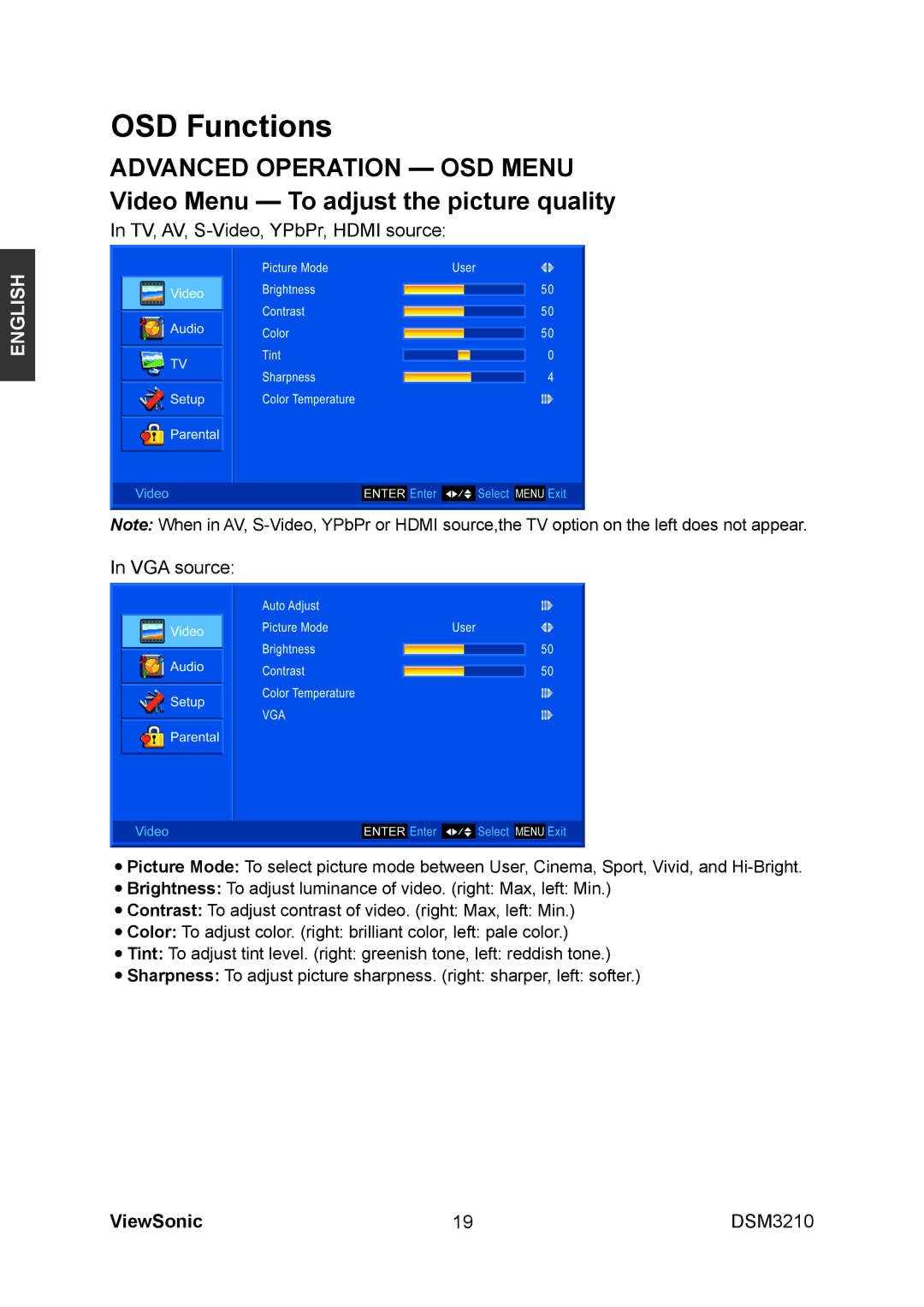 ViewSonic DSM3210 manual OSD Functions, Video Menu To adjust the picture quality 