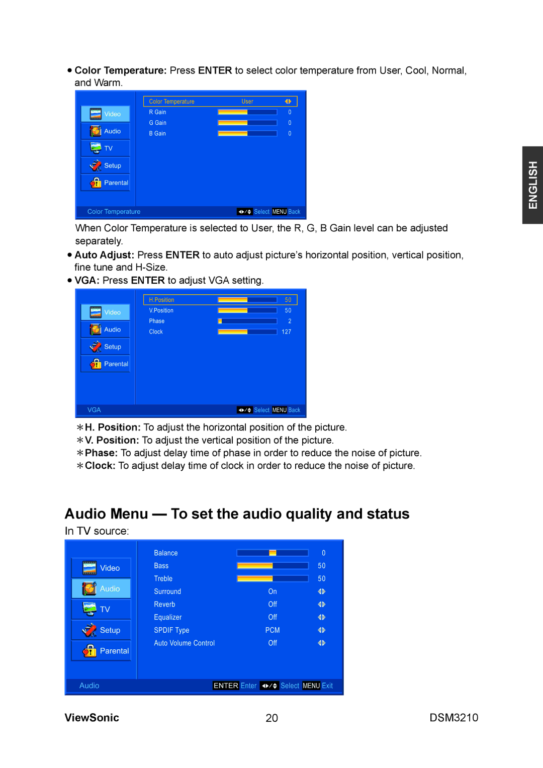 ViewSonic DSM3210 manual Audio Menu To set the audio quality and status 