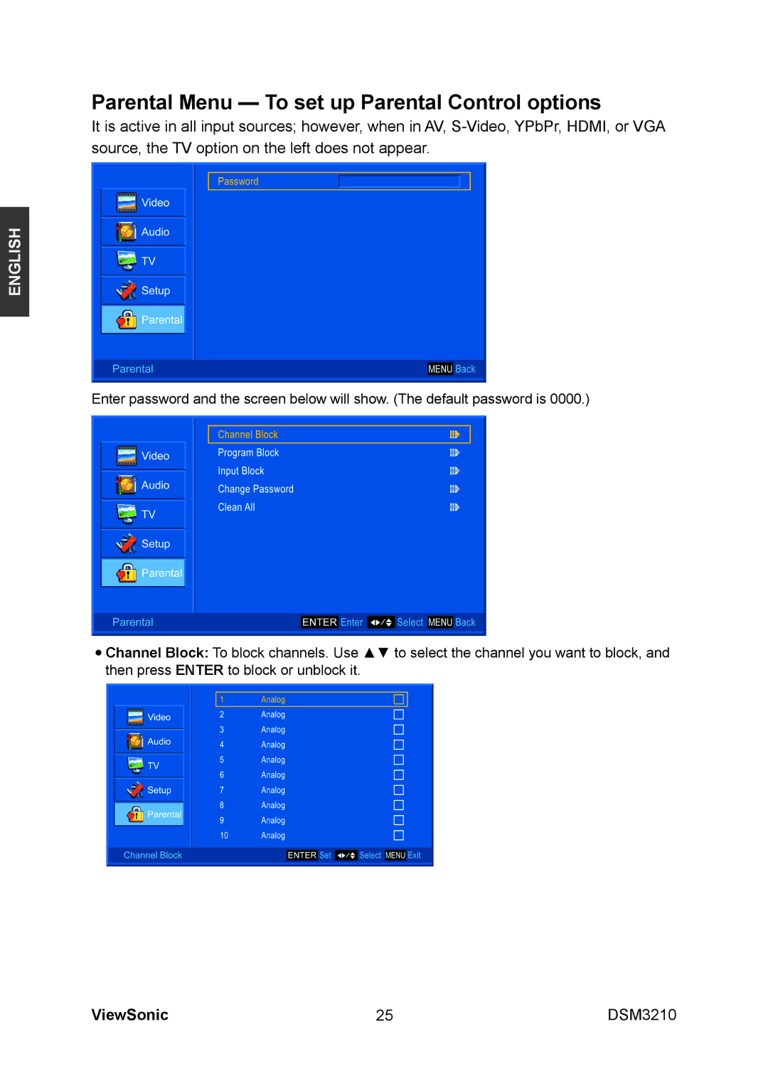 ViewSonic DSM3210 manual Parental Menu To set up Parental Control options 