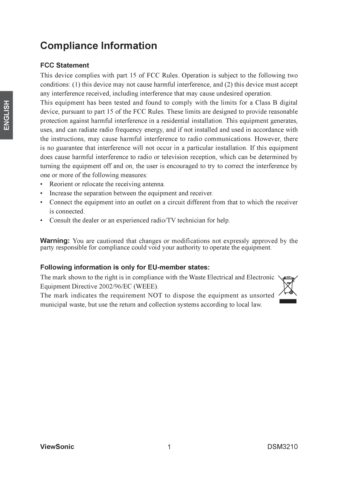 ViewSonic DSM3210 manual Compliance Information, FCC Statement, Following information is only for EU-member states 