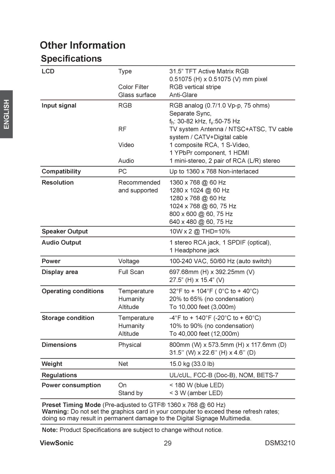 ViewSonic DSM3210 manual Speciﬁcations, Lcd 