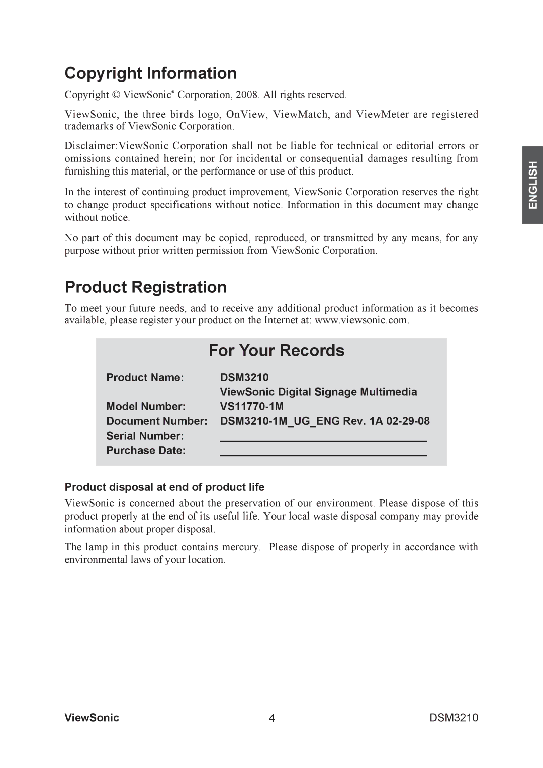 ViewSonic DSM3210 manual Copyright Information, Product Registration For Your Records 