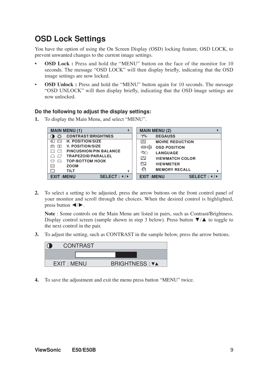 ViewSonic E50B, VS11145 warranty OSD Lock Settings, Do the following to adjust the display settings, SuhvvExwwrqŻŹ 