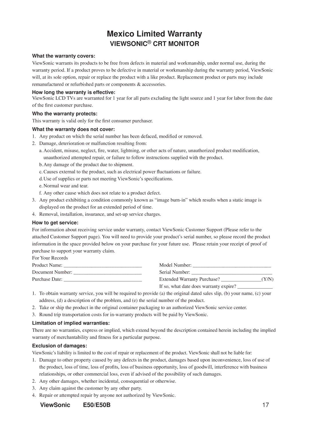 ViewSonic VS11145, E50B warranty Mexico Limited Warranty 