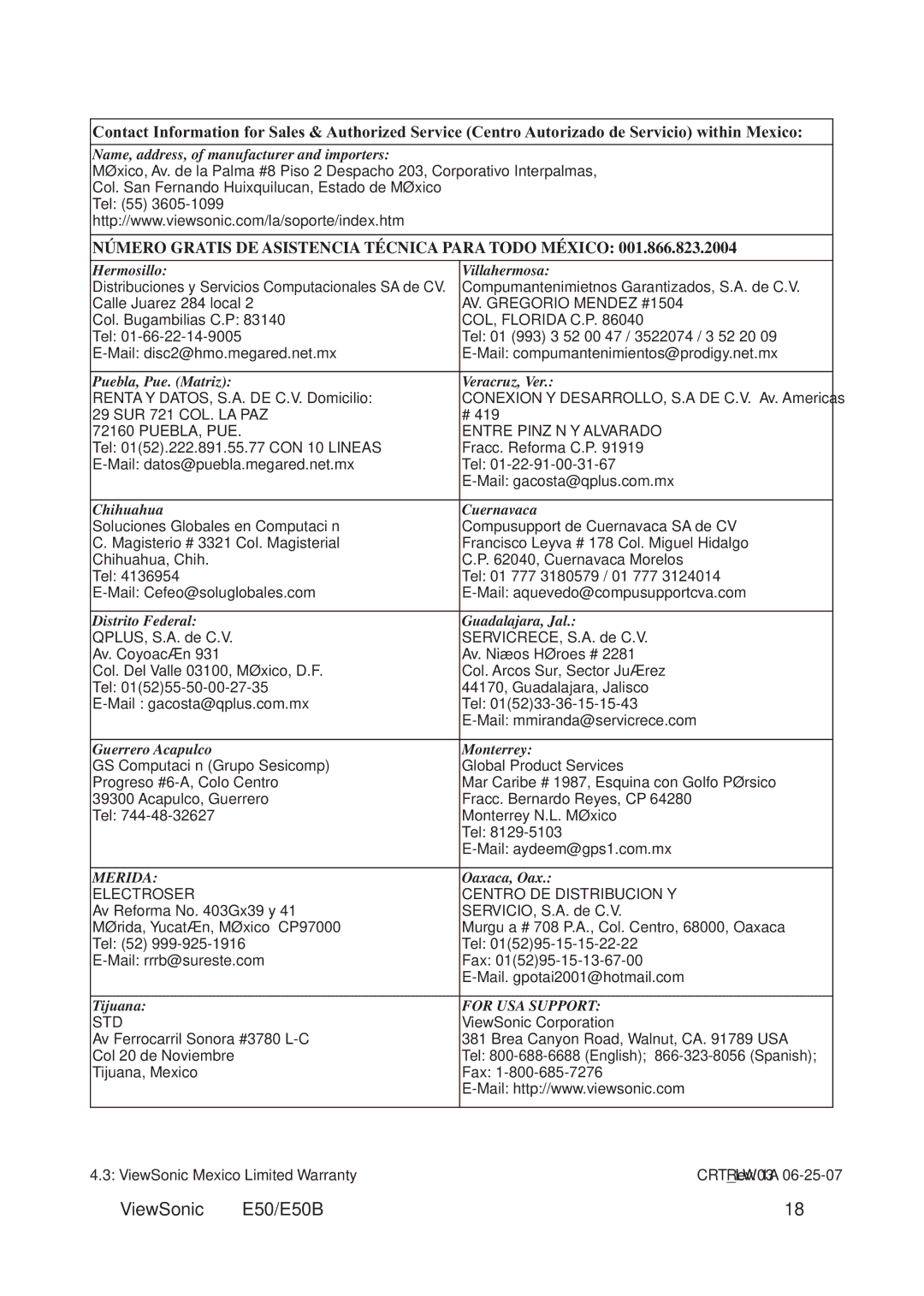 ViewSonic E50B, VS11145 warranty Número Gratis DE Asistencia Técnica Para Todo México 