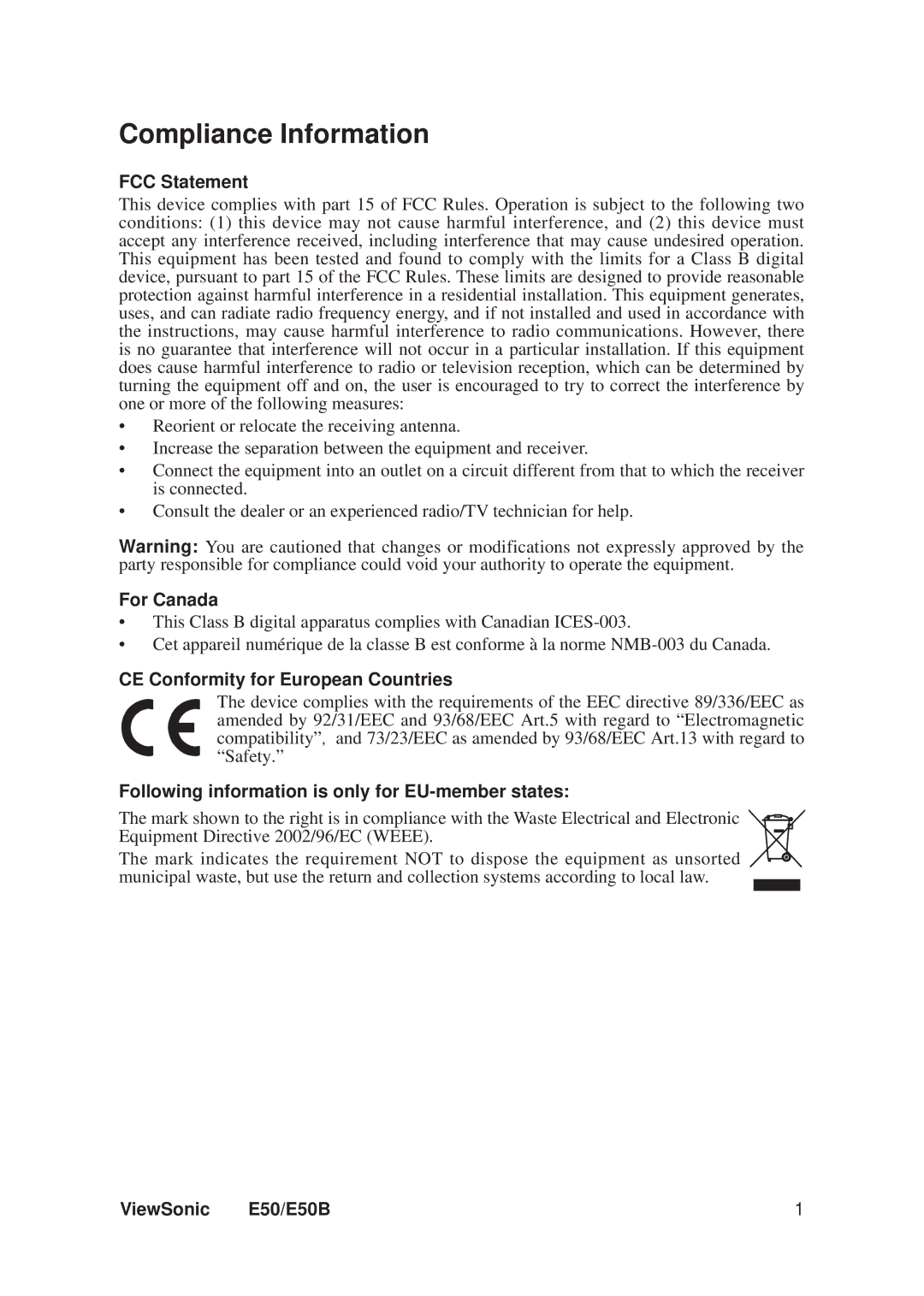 ViewSonic VS11145, E50B warranty Compliance Information, FCC Statement, For Canada, CE Conformity for European Countries 