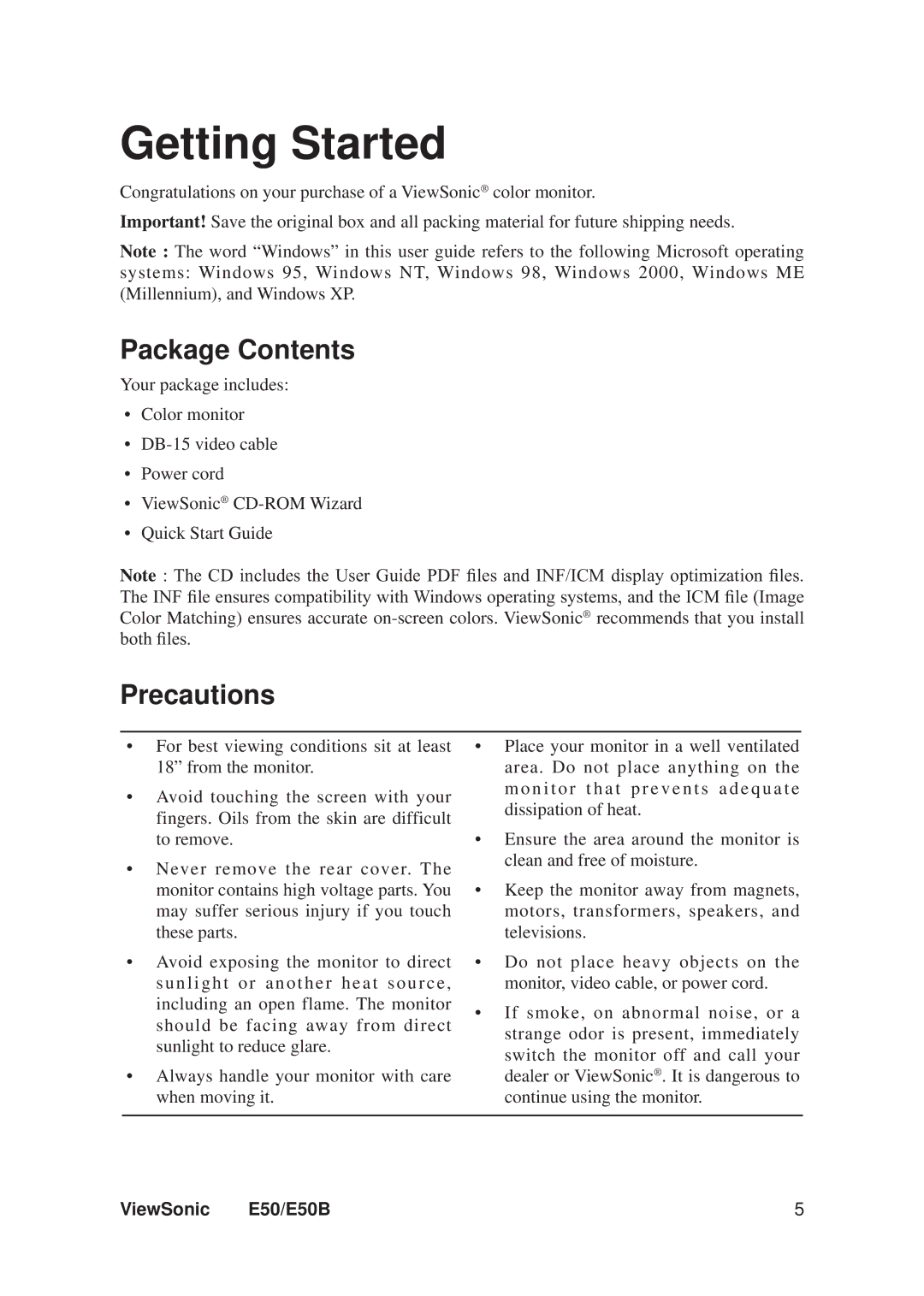 ViewSonic VS11145, E50B warranty Getting Started, Package Contents, Precautions 