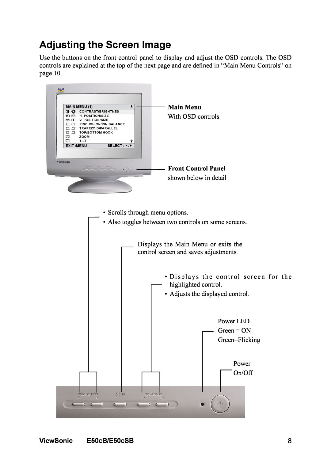 ViewSonic manual Adjusting the Screen Image, Main Menu, Front Control Panel, ViewSonic, E50cB/E50cSB 