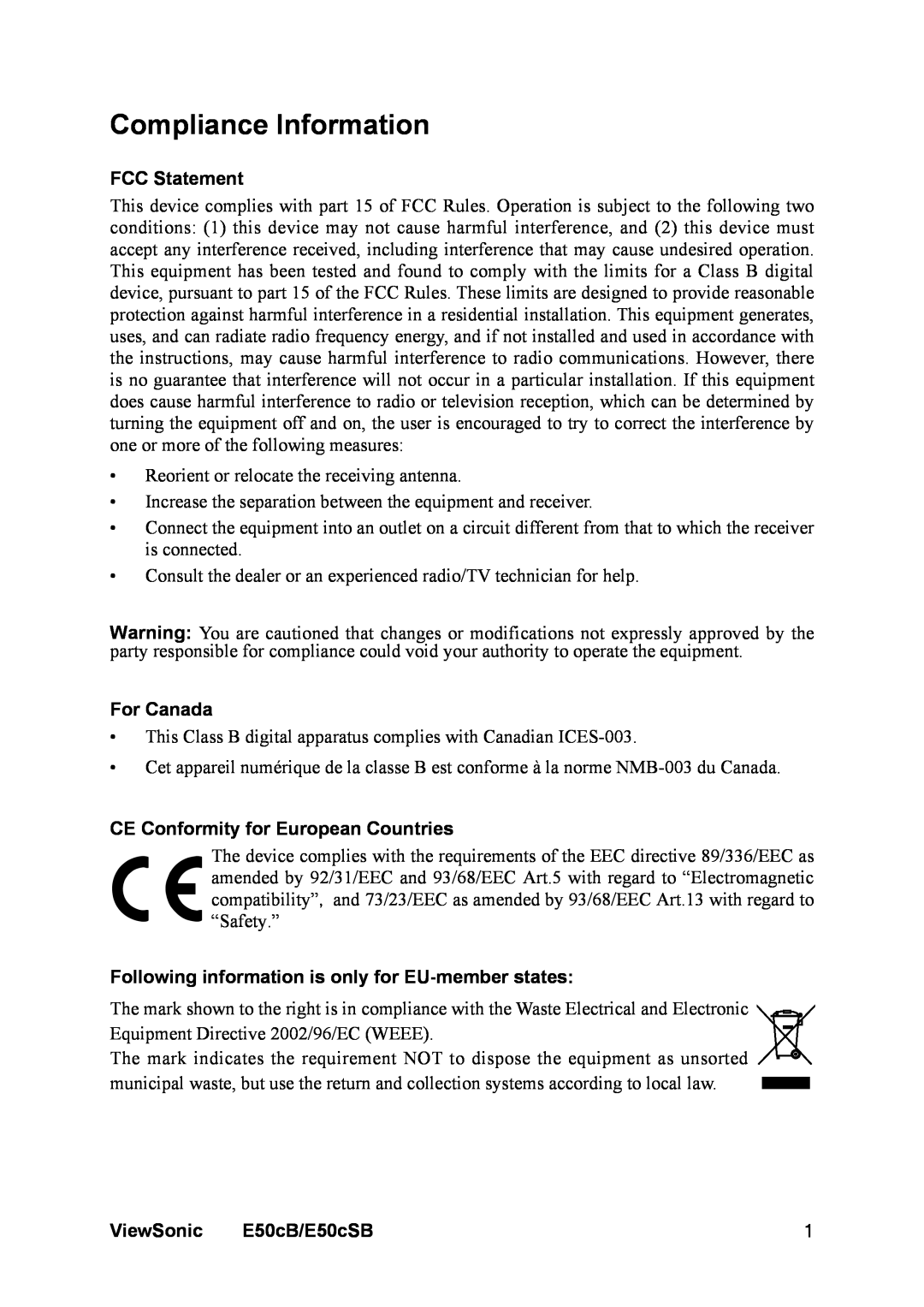 ViewSonic E50cB manual Compliance Information, FCC Statement, For Canada, CE Conformity for European Countries, ViewSonic 