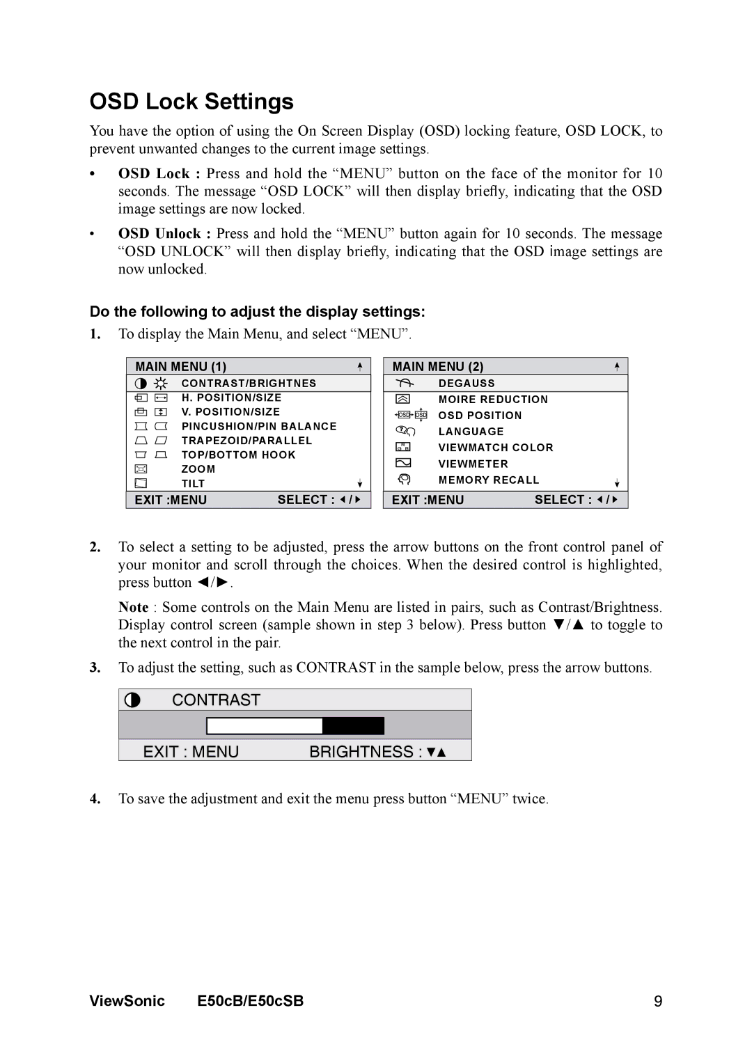 ViewSonic E50cB manual OSD Lock Settings, Do the following to adjust the display settings 