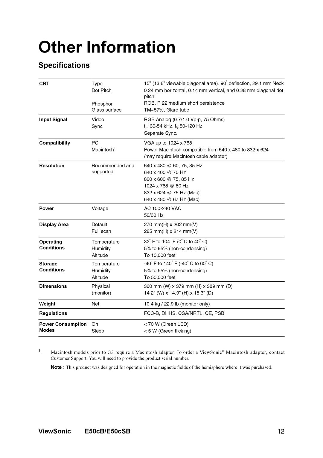 ViewSonic E50cB manual Other Information, Speciﬁcations 