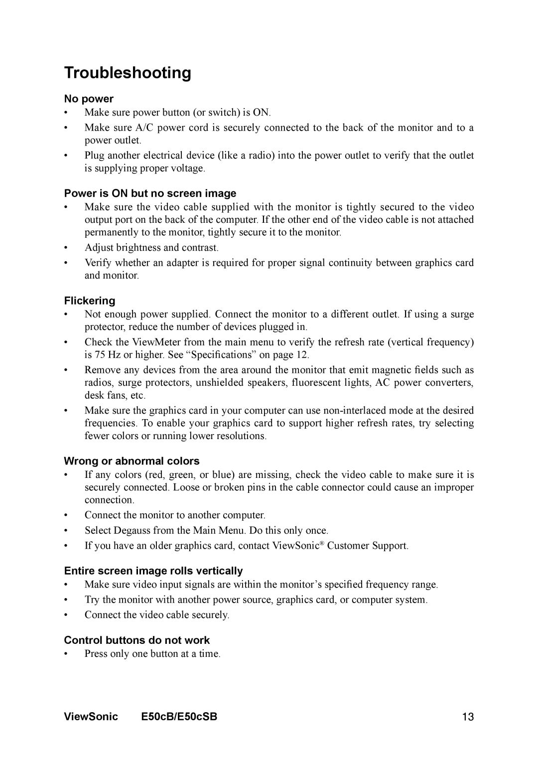ViewSonic E50cB manual Troubleshooting 