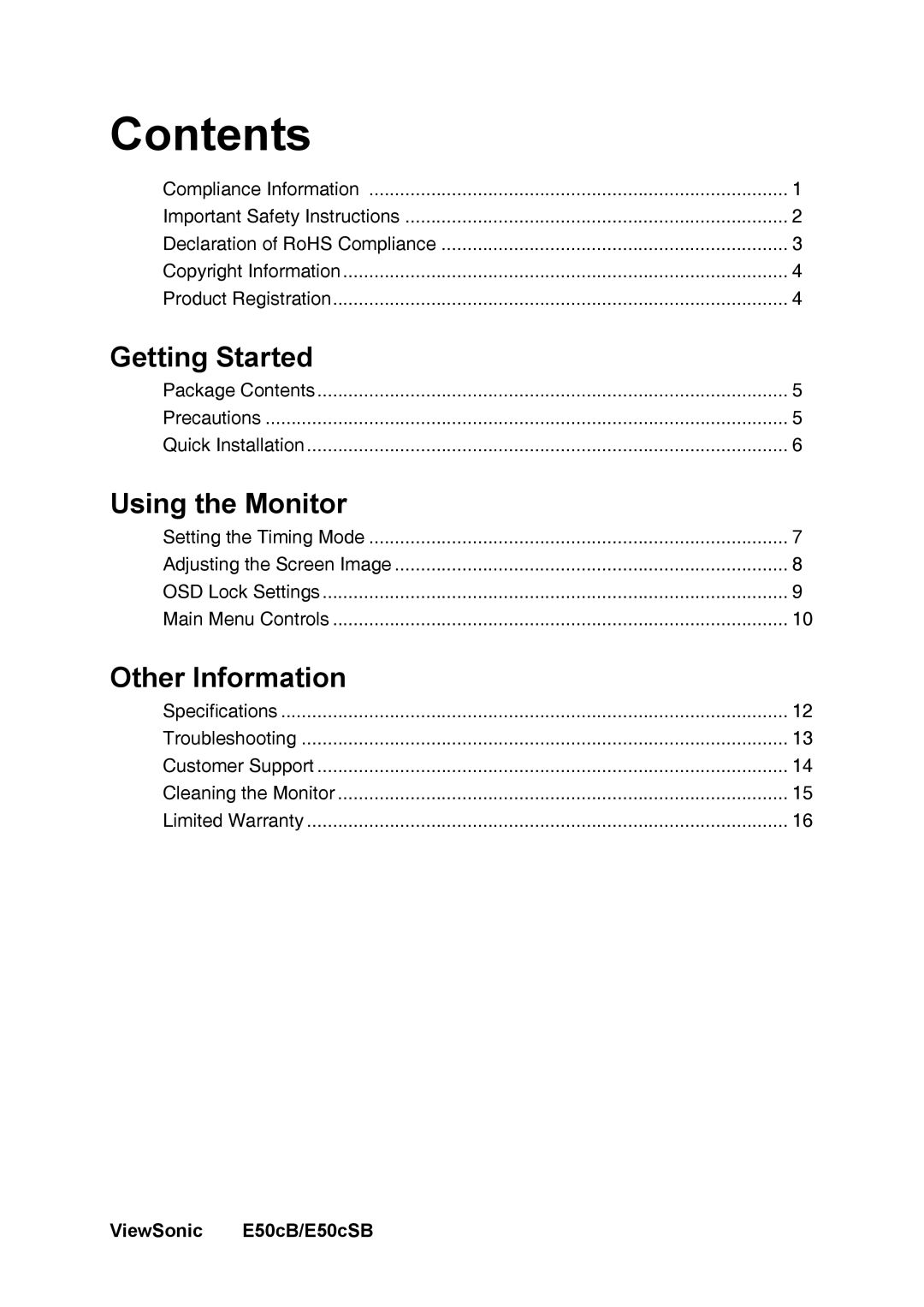 ViewSonic E50cB manual Contents 