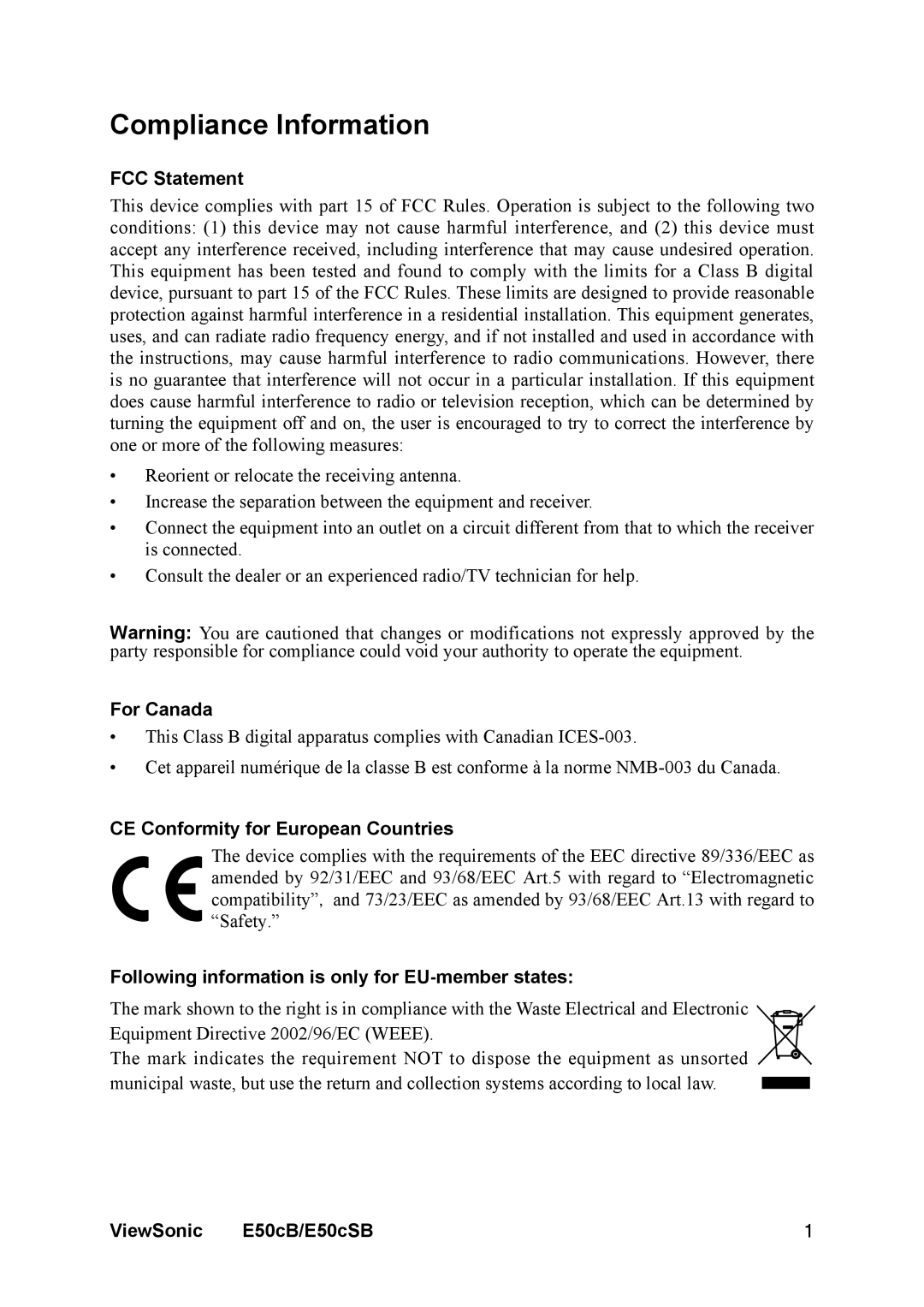 ViewSonic E50cB manual Compliance Information, FCC Statement, For Canada, CE Conformity for European Countries 