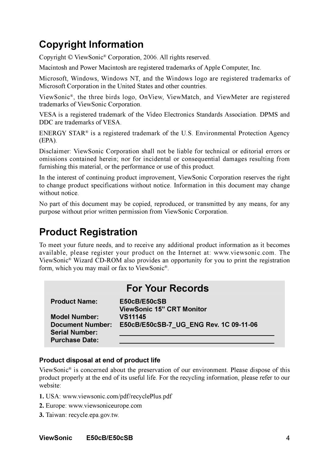 ViewSonic E50cB manual Copyright Information, Product Registration For Your Records 