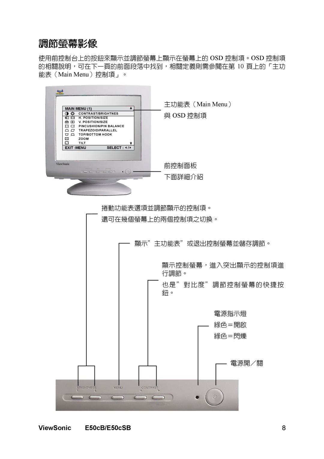 ViewSonic E50cSB manual 調節螢幕影像, Main Menu 