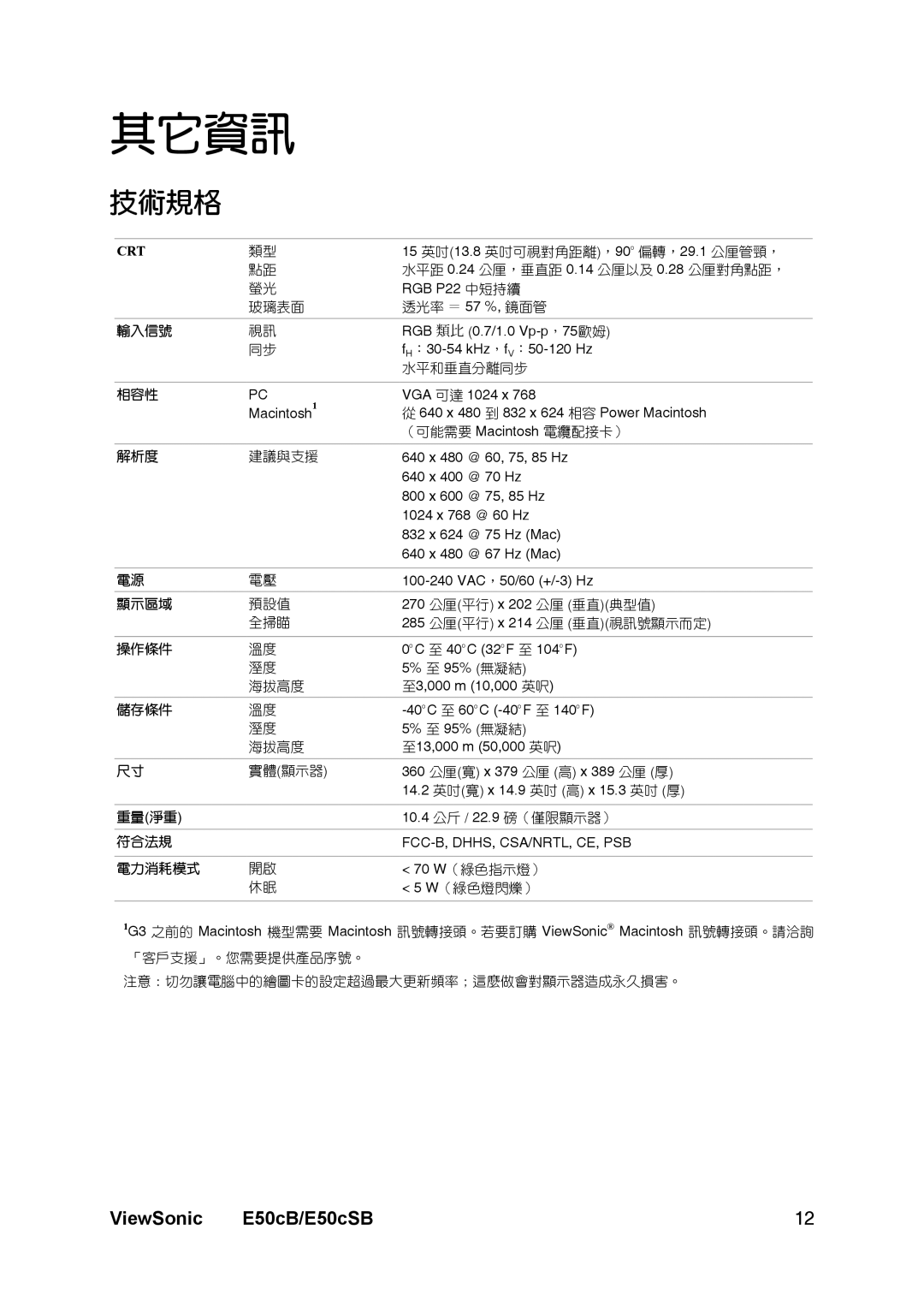 ViewSonic E50cSB manual 其它資訊, 技術規格 