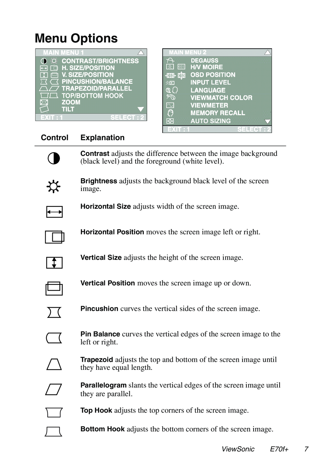 ViewSonic E70f+ manual Menu Options, Control Explanation 