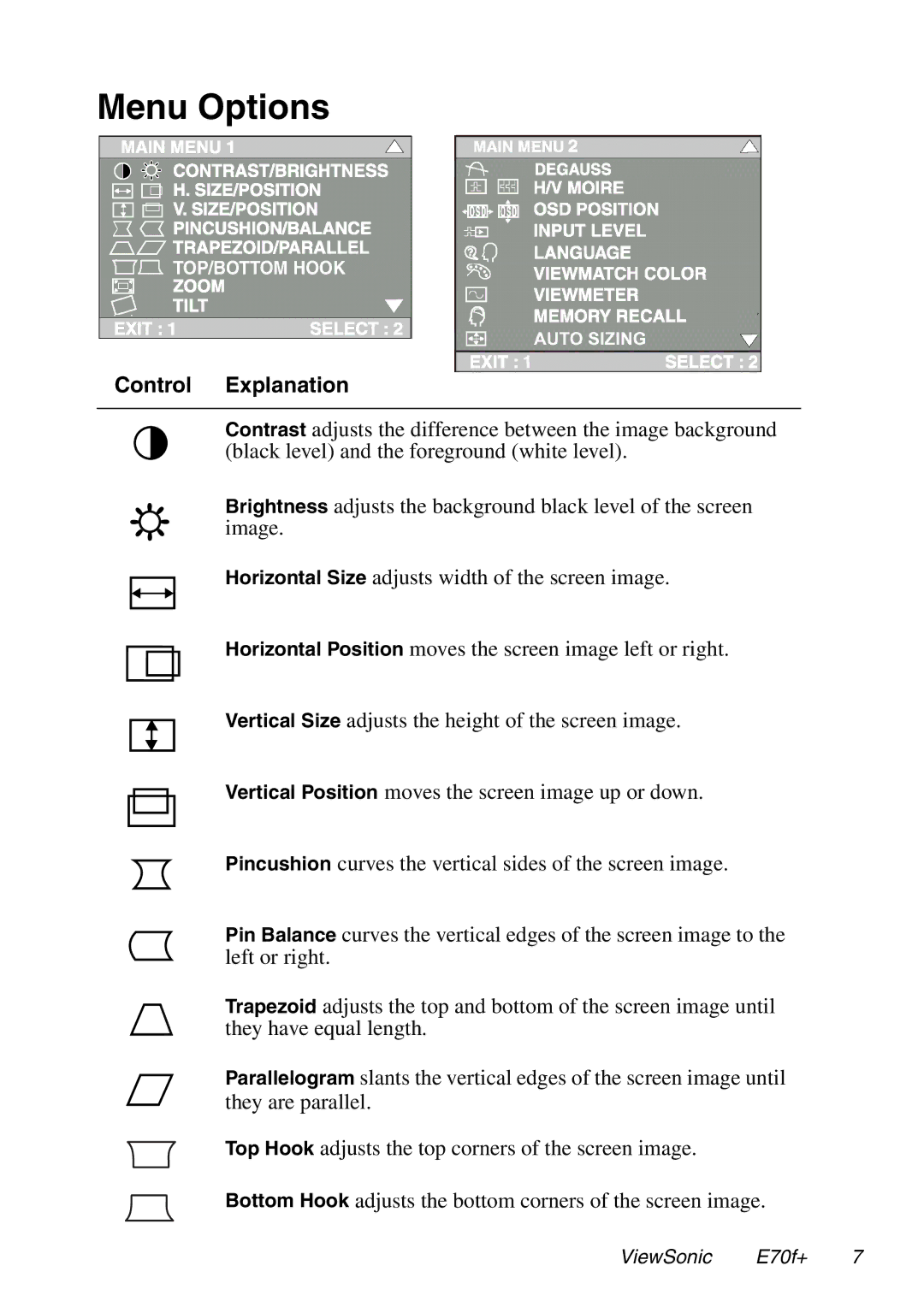 ViewSonic E70f+ manual Menu Options, Control Explanation 