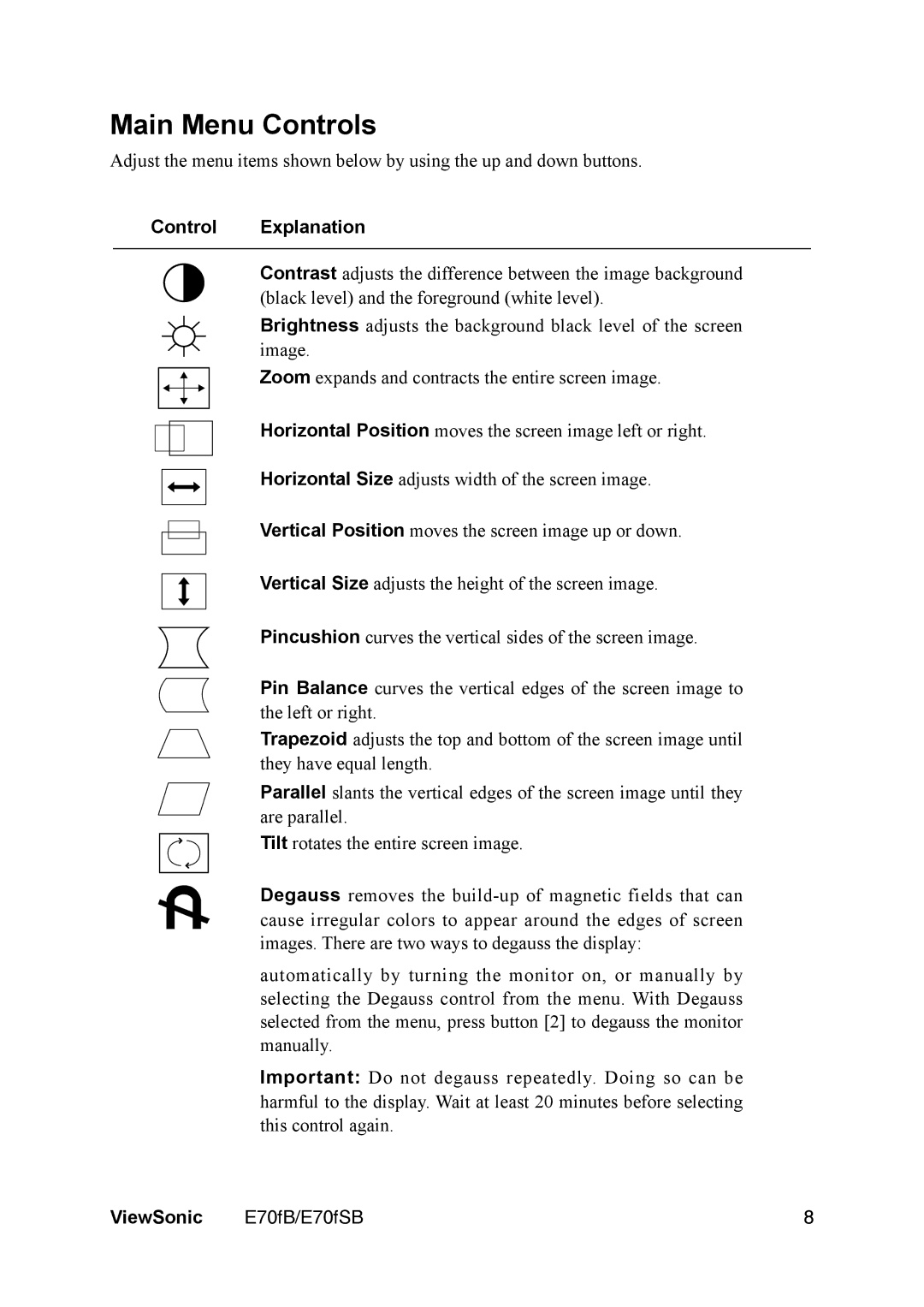 ViewSonic E70fb manual Main Menu Controls, Control Explanation 